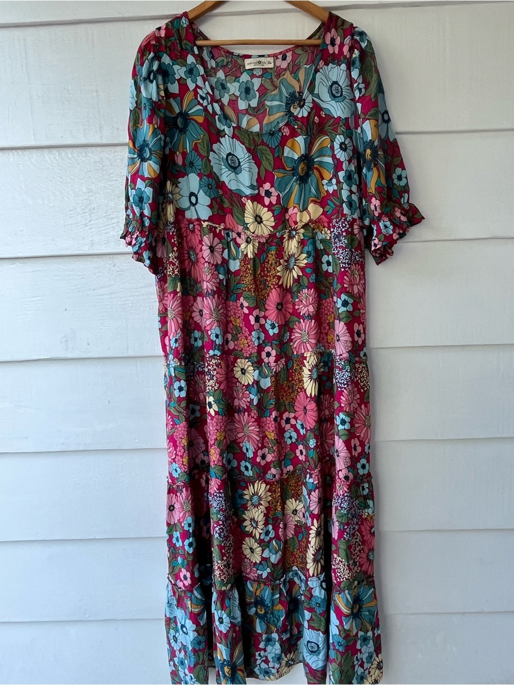 Natural Life Collette Boho Floral Maxi Tiered Dress Pink Multi Boho Vacation XL